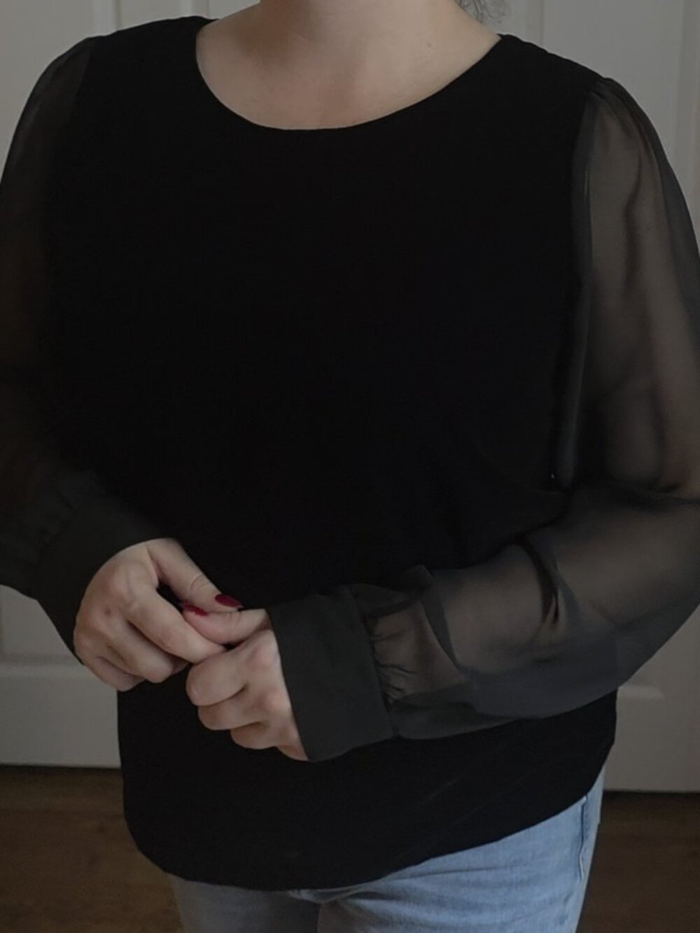 J.Crew Black Velvet Top with Sheer Sleeves — Size M